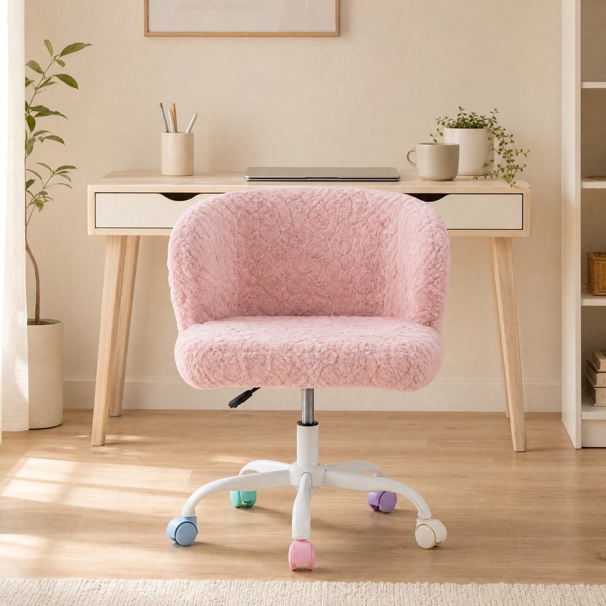 Bureaustoel Fluffy Pink Verstelbaar En 360 Graden Draaibaar Voor Slaapkamer Make Up Ruimte En Thuiswerkplek Stof Roze