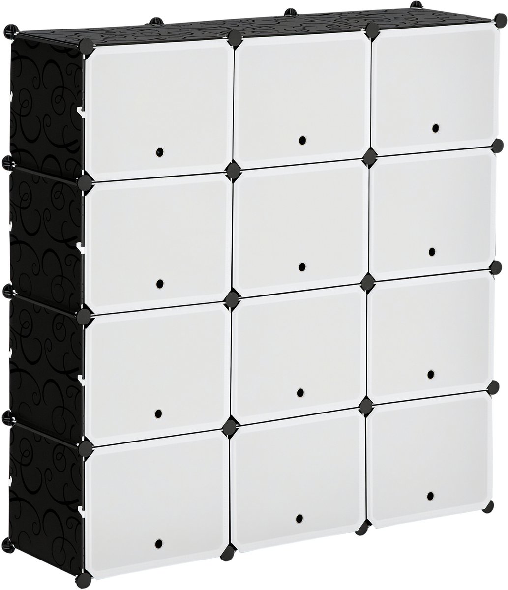 Modulair stellingsysteem - insteekbare stellingkast - samengesteld uit 12 kubussen van 125 x 32 x 125 cm - kunststof + staal - zwart.