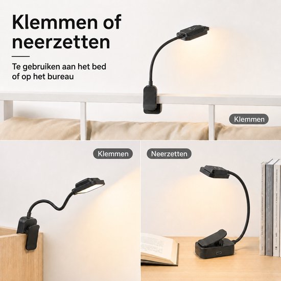 Leeslampje voor boek - Boeklampje - Klemlamp - 3 LED Kleuren - Staand Bedlampje Lamp - USB Oplaadbaar - Dimbaar - Zwart — afbeelding 5