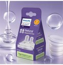 Philips Avent Natural Response tétine, taille 3, 2 pièces. Emballage violet avec texte vert, entouré de gouttelettes d'eau.