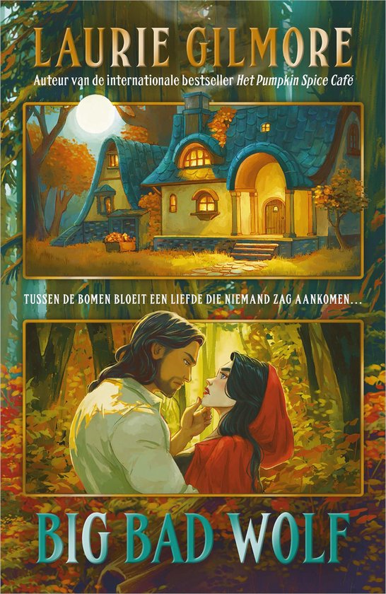 Boekomslag met een huisje en een stel in het bos. "Big Bad Wolf" door Laurie Gilmore.
