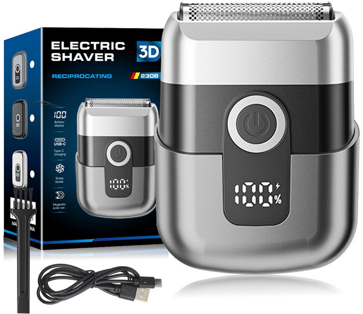 Foliescheerapparaat voor mannen - Mini elektrisch scheerapparaat voor het gezicht - 3 zwevende mesjes - LED-display - IPX7 waterdicht - Geschikt voor nat en droog gebruik - Draadloos voor op reis en thuis - USB Type-C