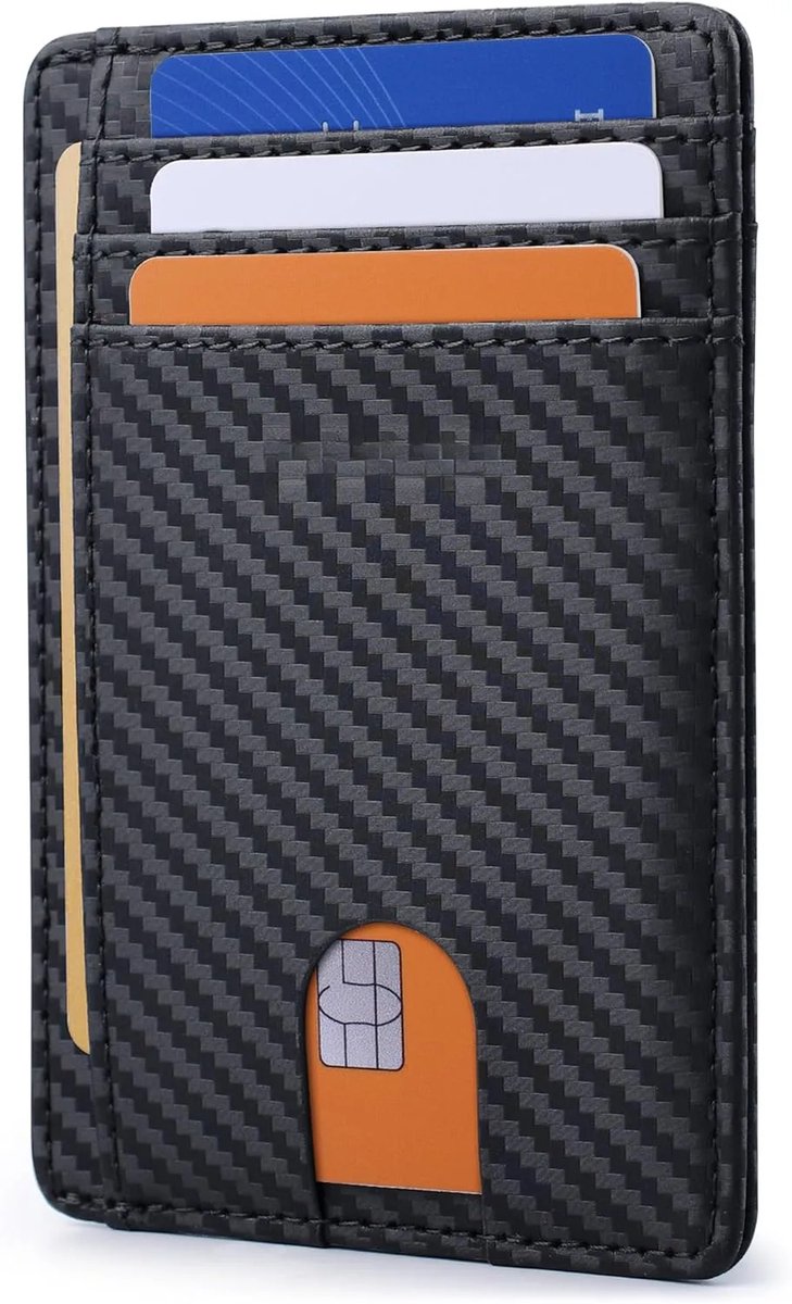 Slanke, minimalistische leren portemonnees met RFID-blokkering voor in de voorzak, voor mannen en vrouwen - Koolstofvezel zwart