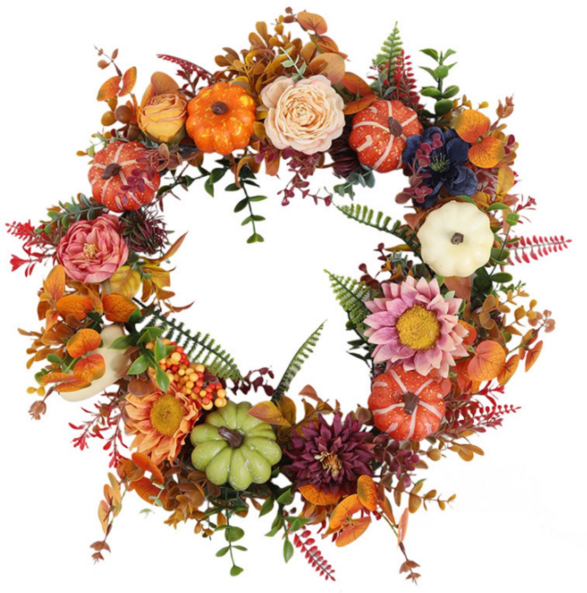 Kunstmatige Herfst Krans 46 cm - Handgemaakte Herstdecoratie Krans met Pompoenen, Pioenen, Bladeren en Bessen - Weerbestendige Sfeerversiering - Geschikt voor Voordeur, Muur, Veranda, Raam, Binnen‑ en Buitengebruik voor Herfst en Halloween