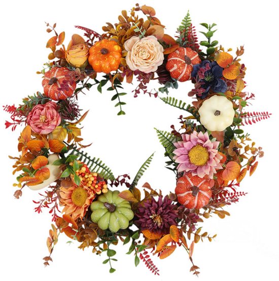 Herfstkrans met pompoenen, rozen, dahlia's, zonnebloemen en bladeren in oranje, groen, crème en bordeauxrood.