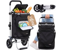 SquareSix Boodschappentrolley 50L met Koelvak - Boodschappenkar - Winkeltrolley Opvouwbaar - Afneembare Tas - Steekwagenfunctie - Zwart