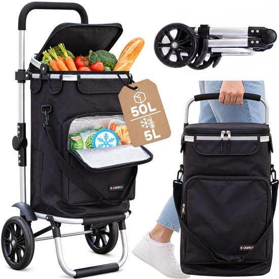 Zwarte boodschappentrolley met boodschappen, close-up van het koelvak met tekst '50L 5L'.