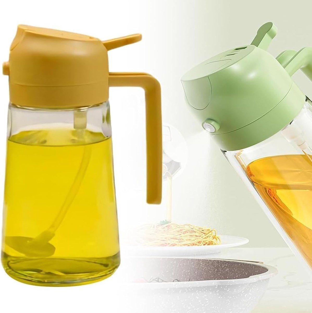 Olijfoliesprayer - Geel - 470 ml - Glas en BPA-vrij PP - 2-in-1 Oliedispenser en Sproeier voor Keuken