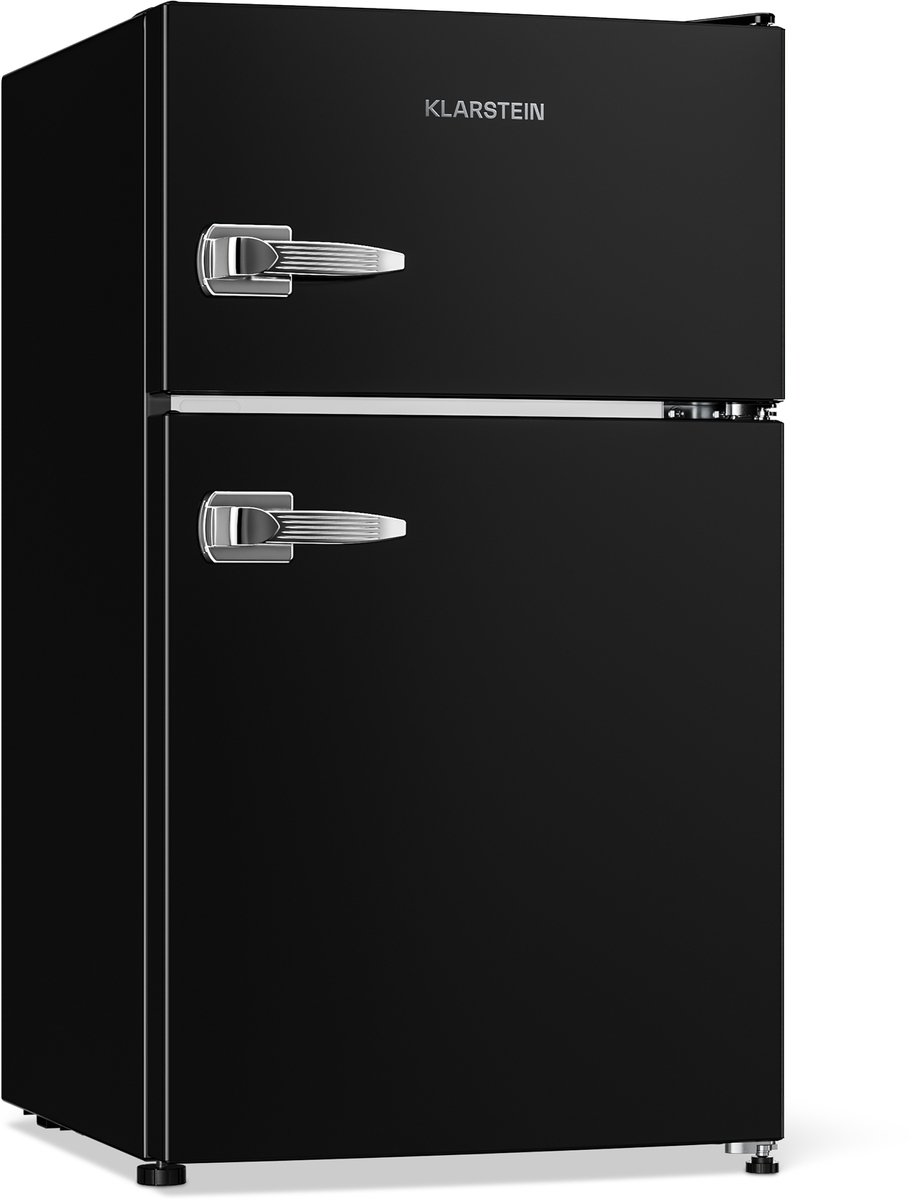 Klarstein Koelkast Irene - Koel-vriescombinatie, retro , 61 liter koelgedeelte, vriesgedeelte, stille werking (39 dB), 2 koelstanden, 2 deurvakken, voor kleine gezinnen en alleenstaanden, zwart - voor Keuken - Mini Fridge