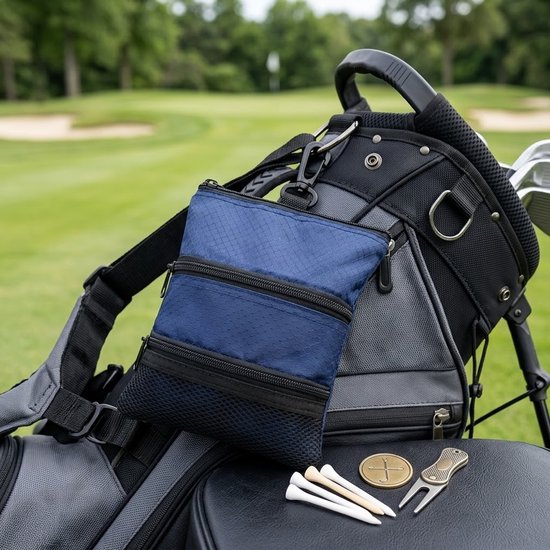 Marineblauwe golf trolleytas heren en dames – golf accessoire tas met 3 ritsvakken, mesh opbergvak, ophanghaak en ritssluiting – draagbare golf opbergtas voor golf trolley en golfuitrusting — afbeelding 2