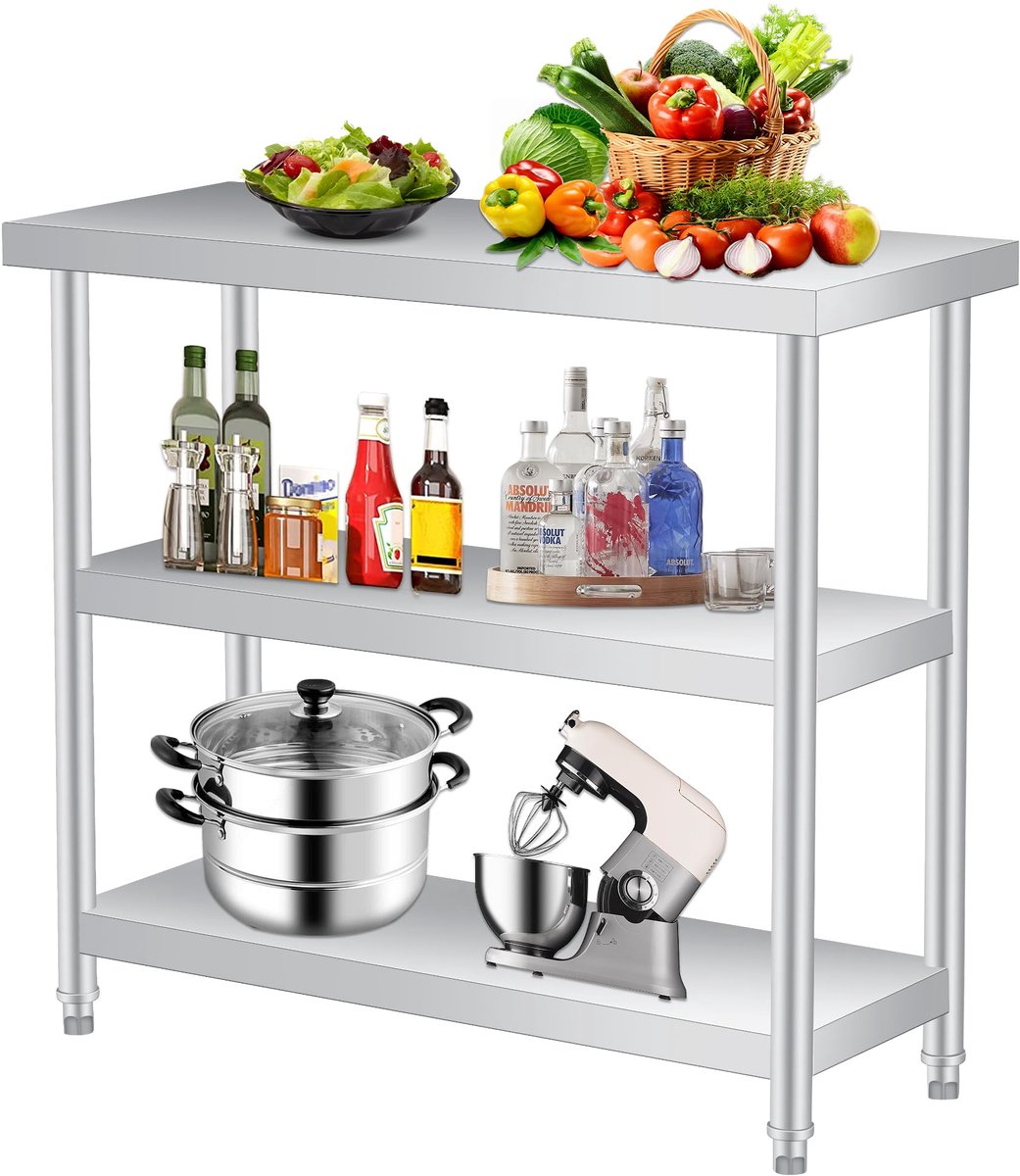HoerFuriy - 3‑Laags RVS Werktafel - Zware Commerciële Keukentafel - Roestvrijstalen Voorbereidingstafel Met Opbergruimte - Geen Wielen - 36x61x86cm