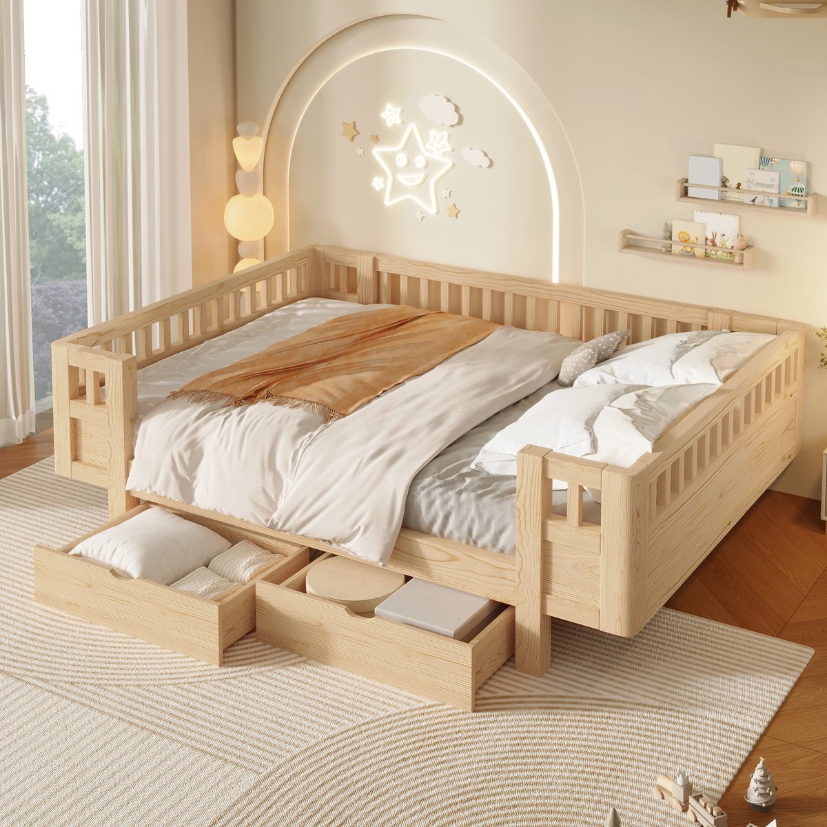 Kinderbed, Platformbed Van 140X200 cm Met Hoge Veiligheidsrail En Twee Grote Lades-Natuurlijk