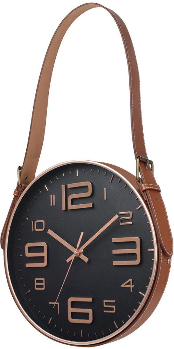 Wandklok 12 inch (30 cm) met leren hangriem - Stil quartz uurwerk, helder glas -6005 Zwart met roségoud