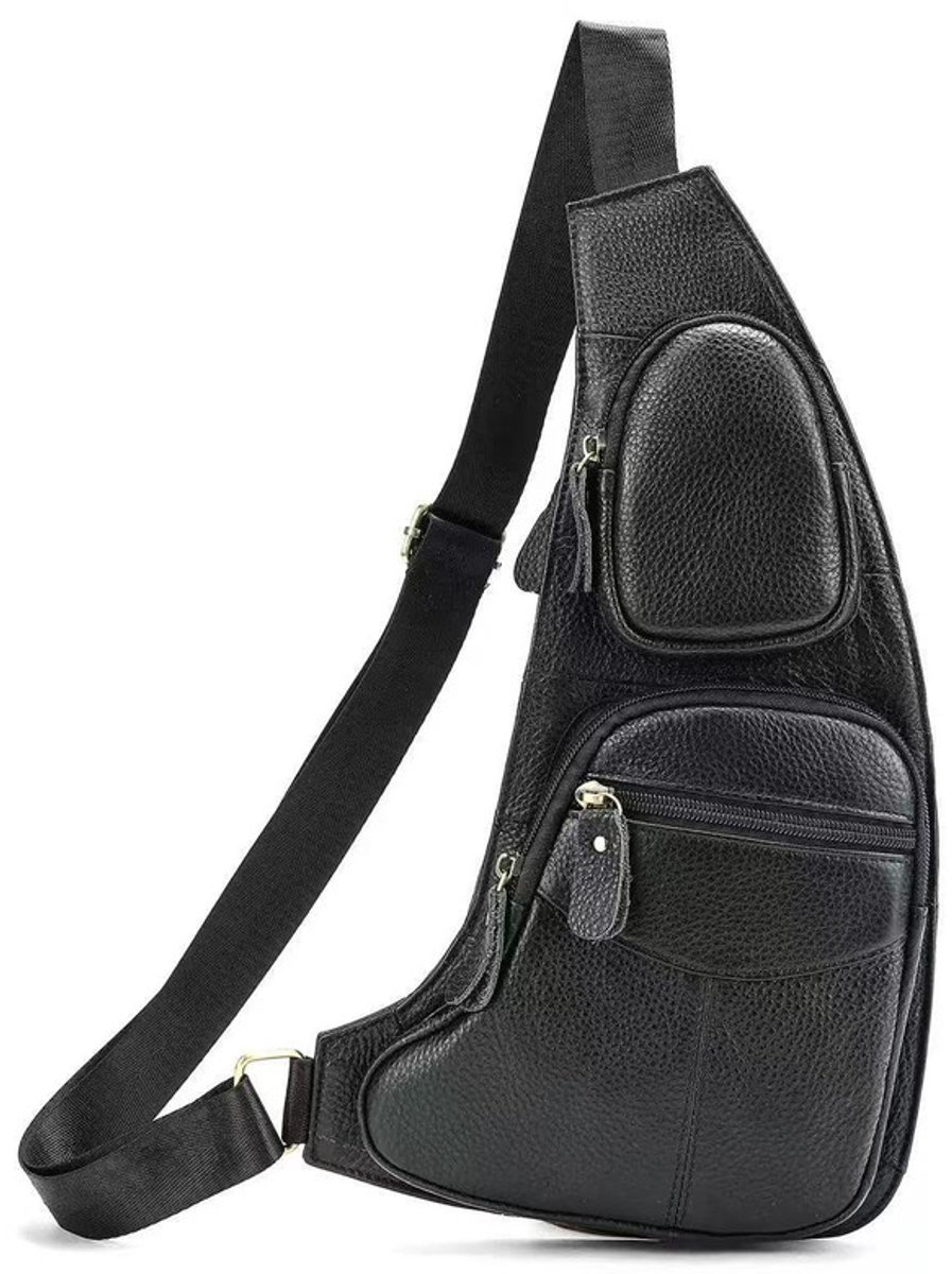 Borsttas voor heren - Retro sling tas van PU lederlook, meerdere ritsvakken, verstelbare schouderriem, lichtgewicht schoudertas voor dagelijks gebruik, wandelen en reizen-zwart