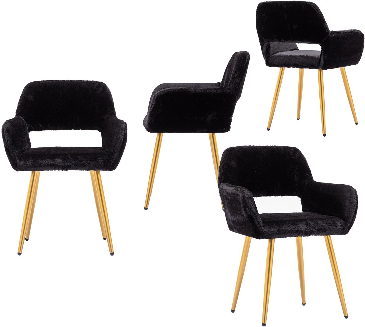Luxe Eetkamerstoel - Set Van 4 met Teddy Stof en Open Rug - Zwart