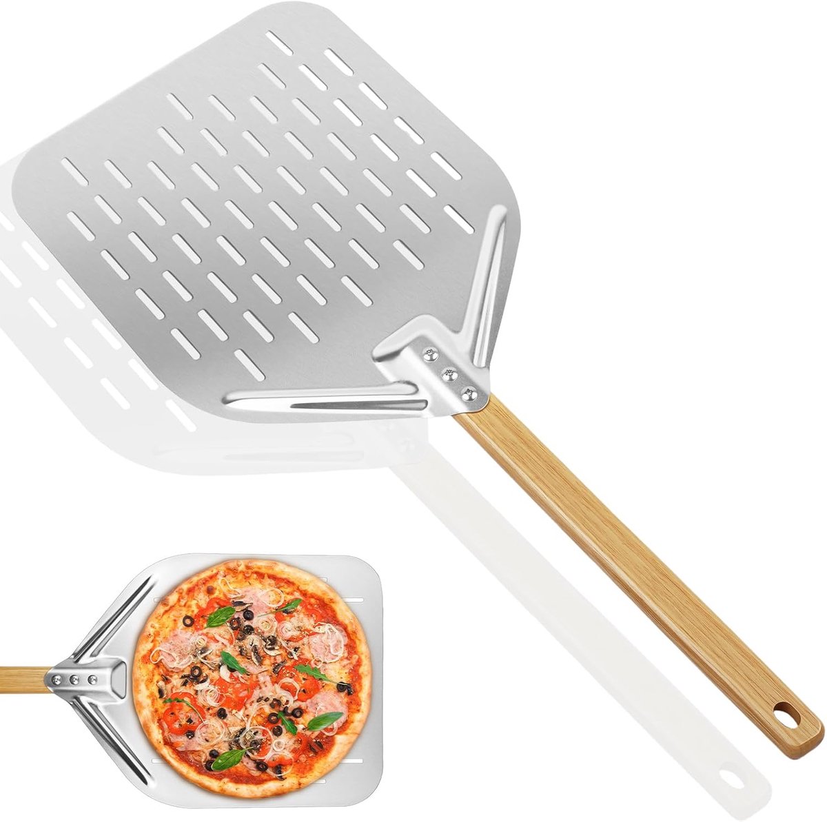 Pizzaschep - RVS Pizzaschep - Geperforeerd met Houten Handvat - 39,5 x 30 cm - Voor Pizzaoven, Oven, BBQ en Pizzasteen, Pizzaspatel voor Pizza en Brood