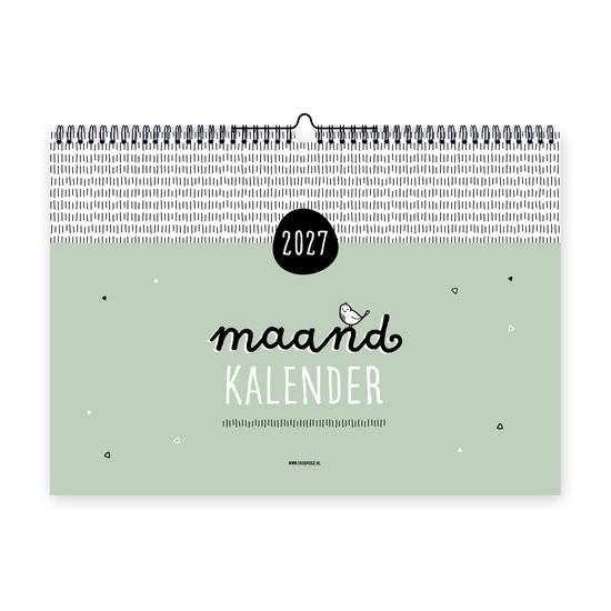 Maandkalender 2027 met de tekst 'maand KALENDER' en een zittende vogel.