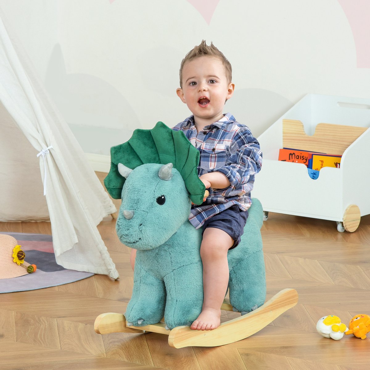 TEKROA® Pluche schommeldinosaurus met geluid - Houten Schommelpaard - 54H x 64L x 30Wcm - Groen