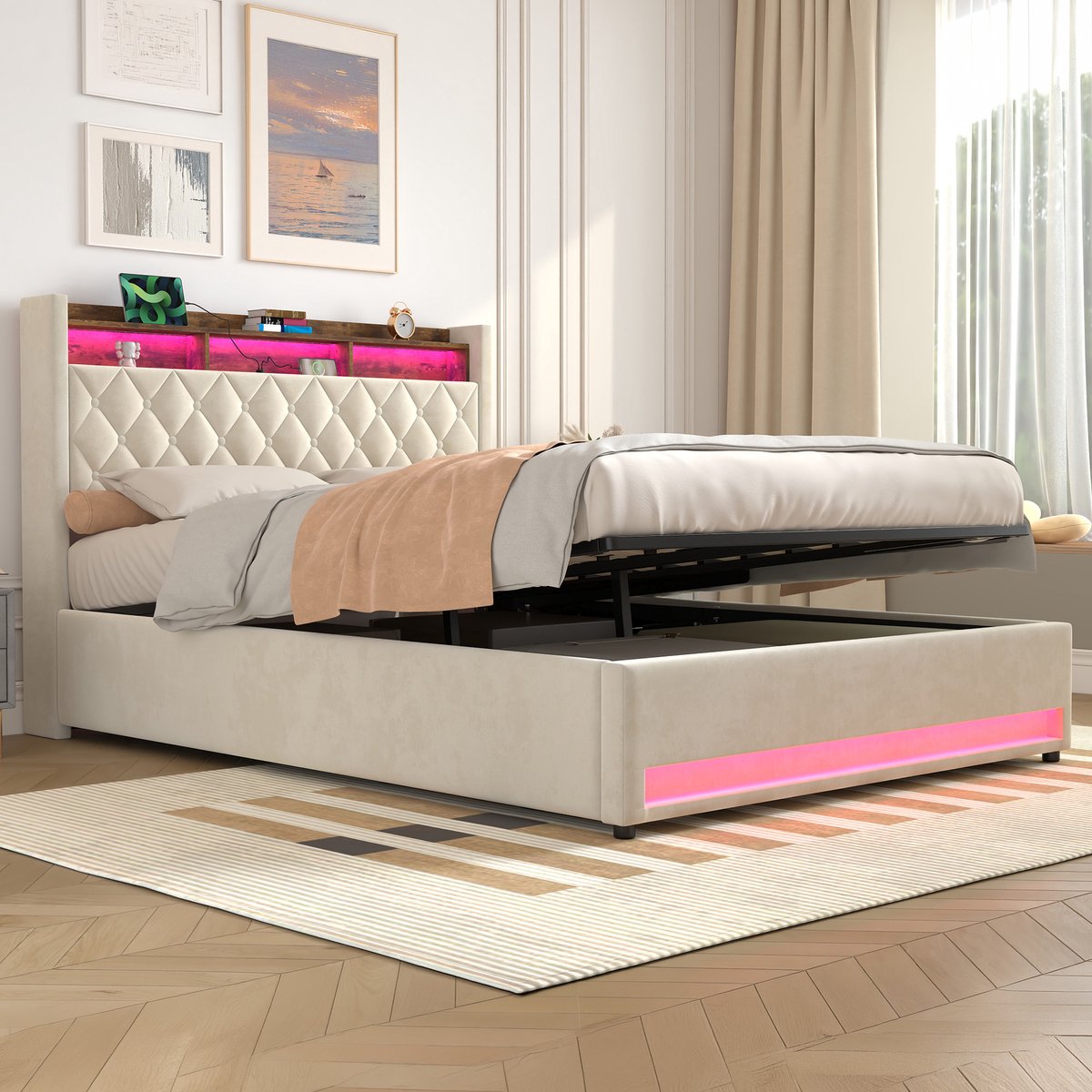 MEUNIQ Gestoffeerd opbergbed 160x200 cm met RGB LED, hydraulische opbergruimte, USB, stopcontact en hoofdbordplank Beige