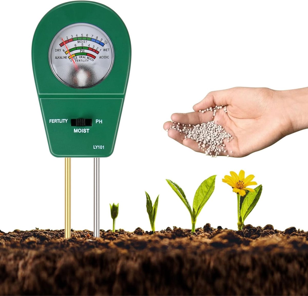 Bodemvochtigheidsmeter - Groen - 24,5 x 6,1 x 3,1 cm - 3-in-1 Bodemtester voor Vochtigheid, Vruchtbaarheid en pH - Voor Planten en Tuin
