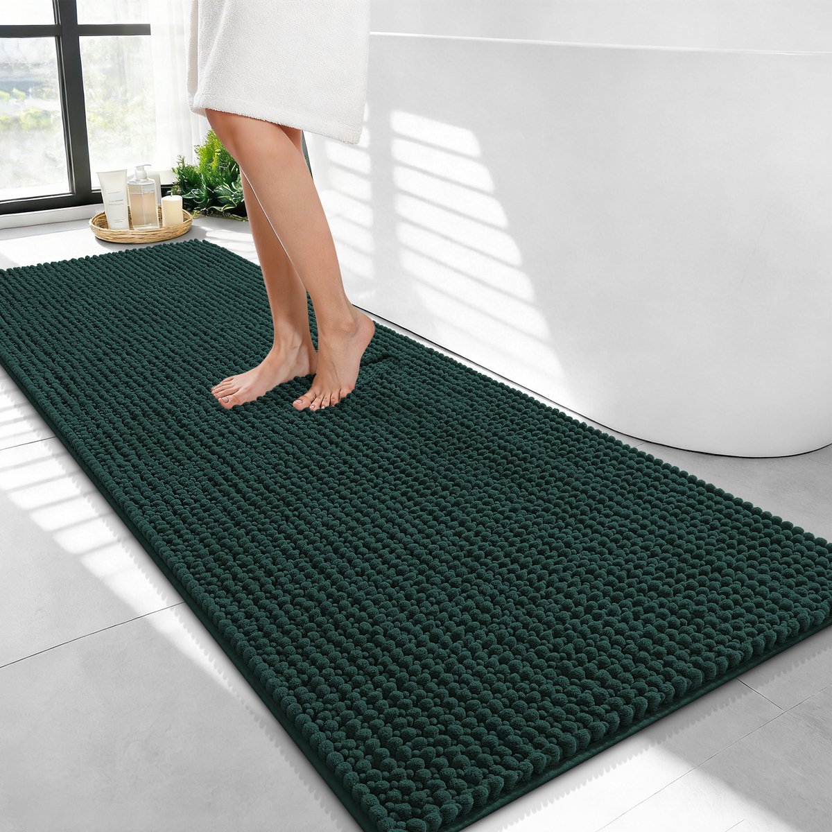 Olanly Badmat Antislip – Chenille Douchemat – Badmat Badkamer – Super Absorberend Deuropmat – Donkergroen – 61X120cm