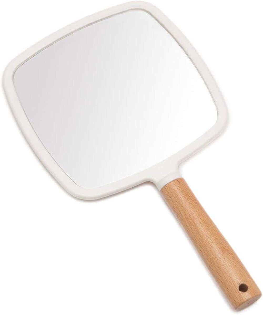 QTTVBTNA – Handspiegel met Handvat – Kleine Houten Make-up Spiegel met Ophanggat – Draagbare Cosmeticaspiegel voor Dames en Heren, Reizen en Dagelijks Gebruik
