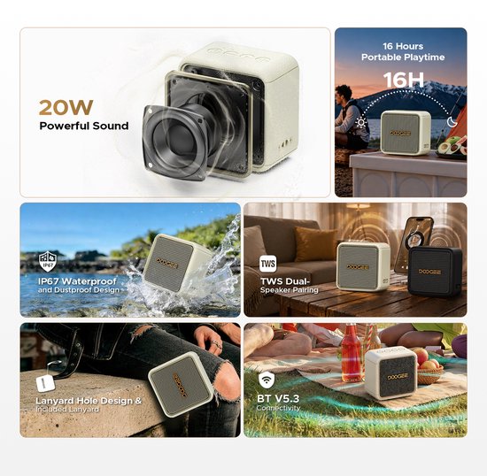 DOOGEE Field Pulse - Draagbare Bluetooth Speaker - 20W Vermogen - 16 Uur Speeltijd - Waterdicht IP67 - Beige — afbeelding 4