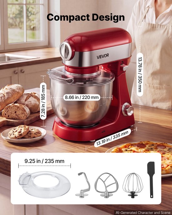 VEVOR Elektrische Staande Mixer 5L 1000W Deegmachine voor Koekjesdeeg en Crème, Deegkneedmachine met 10 Snelheidsinstellingen, SUS304 Mengkom, Kantelbare Kop, Spatbescherming en Antislipvoetjes, Rood van Vevor — afbeelding 3