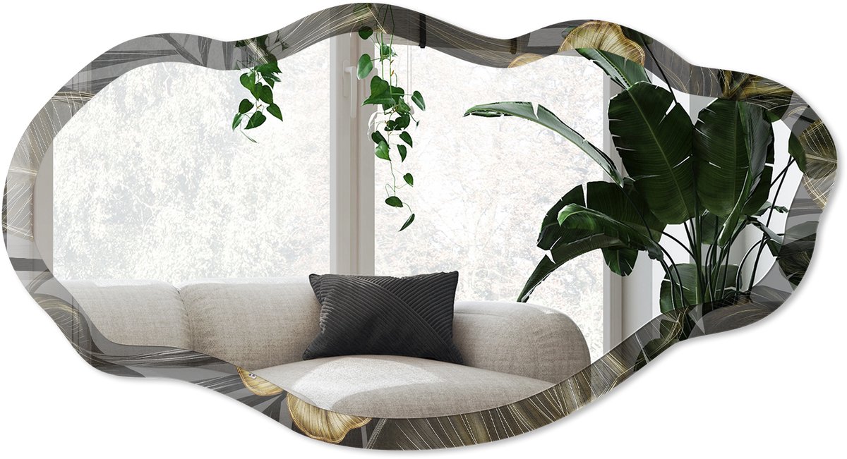 Wallfluent Tropische Tuin Spiegel - Grijs Stijlvolle Wandspiegel - Organische Spiegel - Woonkamer - Illustratief - 45x90 cm - Totale afmeting 52x97 cm