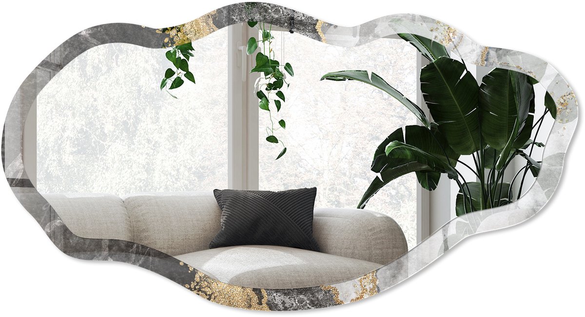 Wallfluent Marmeren Banden Spiegel - Zwart Elegante Rechthoekige Wandspiegel - Organische Spiegel - Woonkamer - Abstract - 45x90 cm - Totale afmeting 52x97 cm