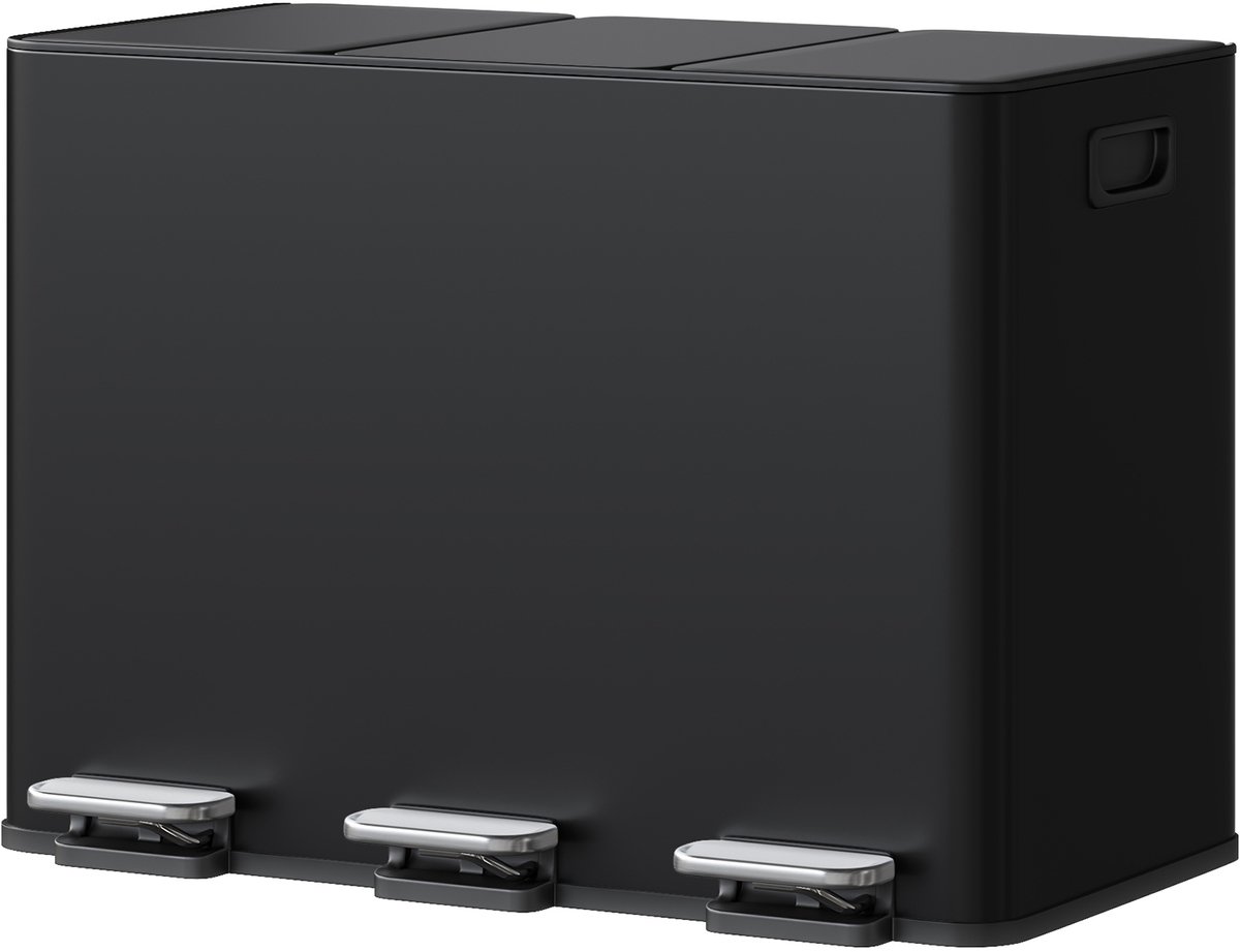 Prullenbak RVS 45L (3x15L) - 61.9x43x50.5cm - Afvalbak 3 Compartimenten - Recyclingbak - Vingerafdrukbestendig - Geurbestendig - Voor Keuken Woonkamer - Zwart