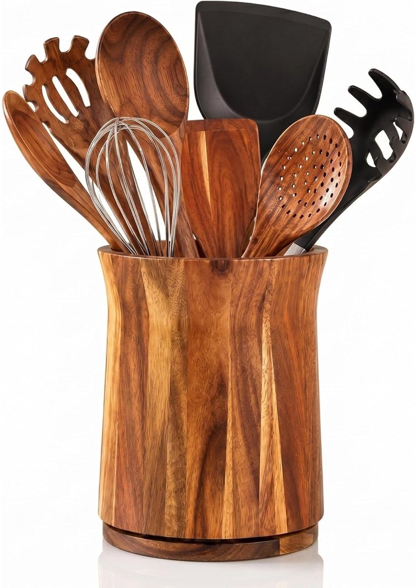 longziming -Draaibare Keuken Utensiliënhouder 360° - Kookgerei Organizer van Acaciahout - Grote Bestekhouder voor 10–15 Keukenhulpen - Lepelhouder voor Aanrecht - 18,5 x 15 cm