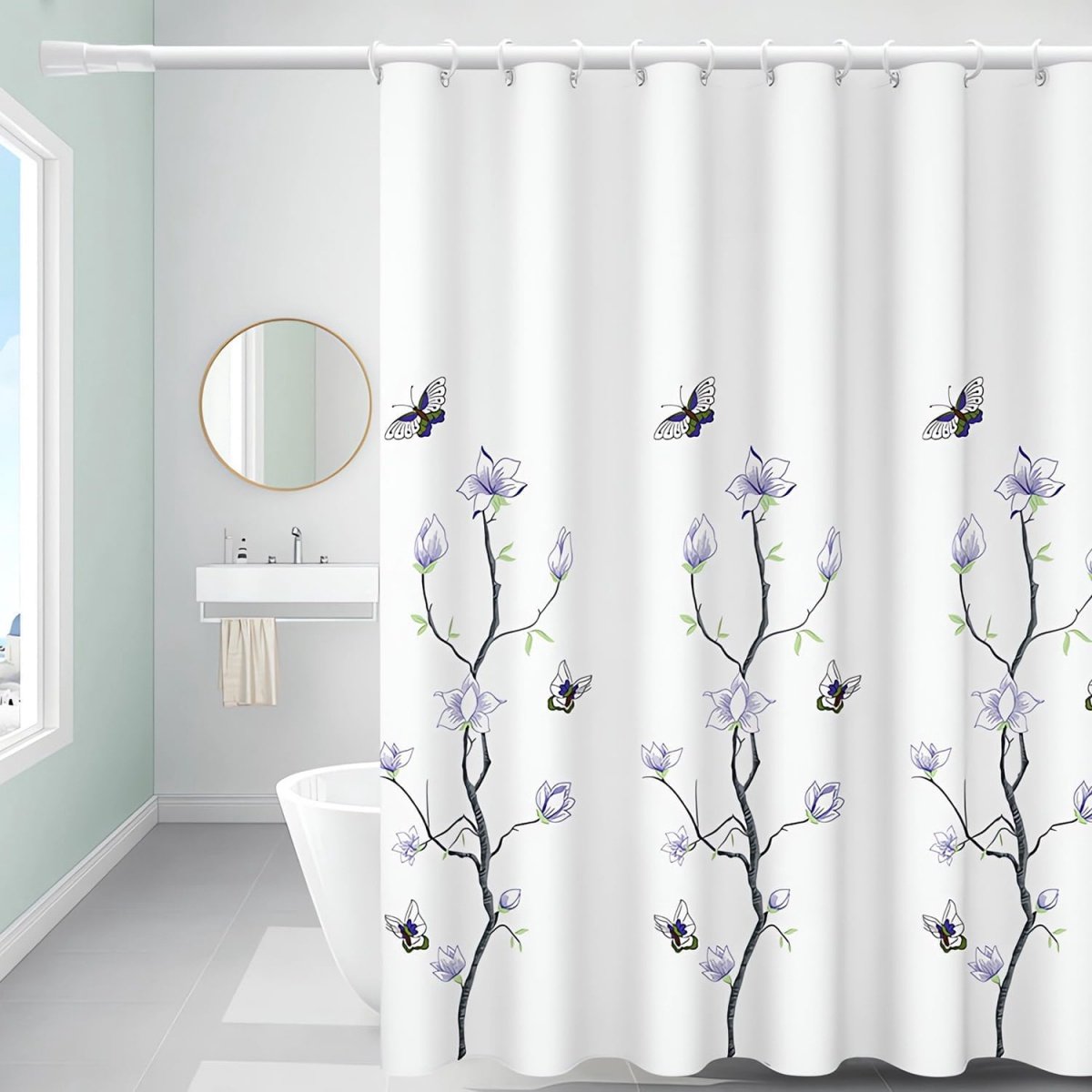 longziming -Douchgordijn 120 x 200 cm - Badkamergordijn met Bloemenpatroon - Waterafstotend Polyester Gordijn met Verzwaarde Zoom - Wasbaar - Inclusief 8 Ringen