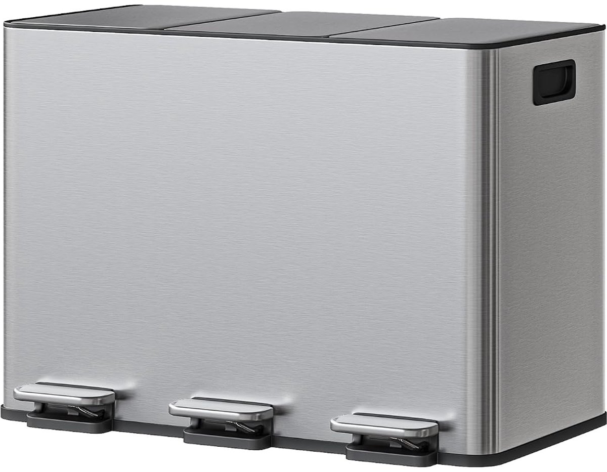Prullenbak RVS 45L (3x15L) - 61.9x43x50.5cm - Afvalbak 3 Compartimenten - Recyclingbak - Vingerafdrukbestendig - Geurbestendig - Voor Keuken Woonkamer - Zilver