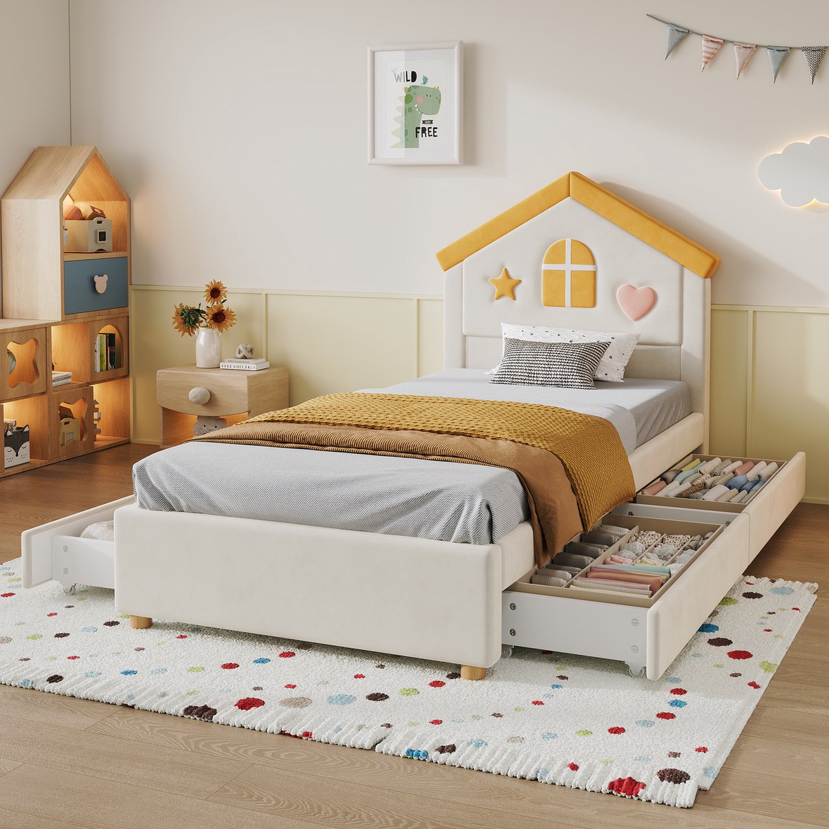 MIVRAY Kinderbed 90x200cm - Huisbed Met 4 Lades en Opbergruimte - Voor Kinderen en Jongeren - Frans Fluweel - Beige Zonder Matras