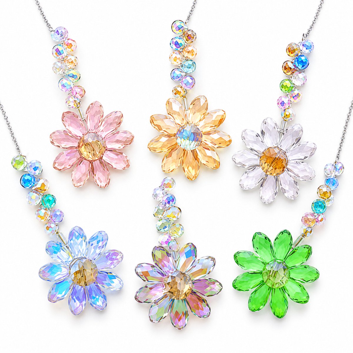 Kristallen zonnevangers in zonnebloemvorm - Set van 6 kleurrijke hangers met regenboogeffect - RVS ketting en haak - 28 cm voor raam, balkon en tuin