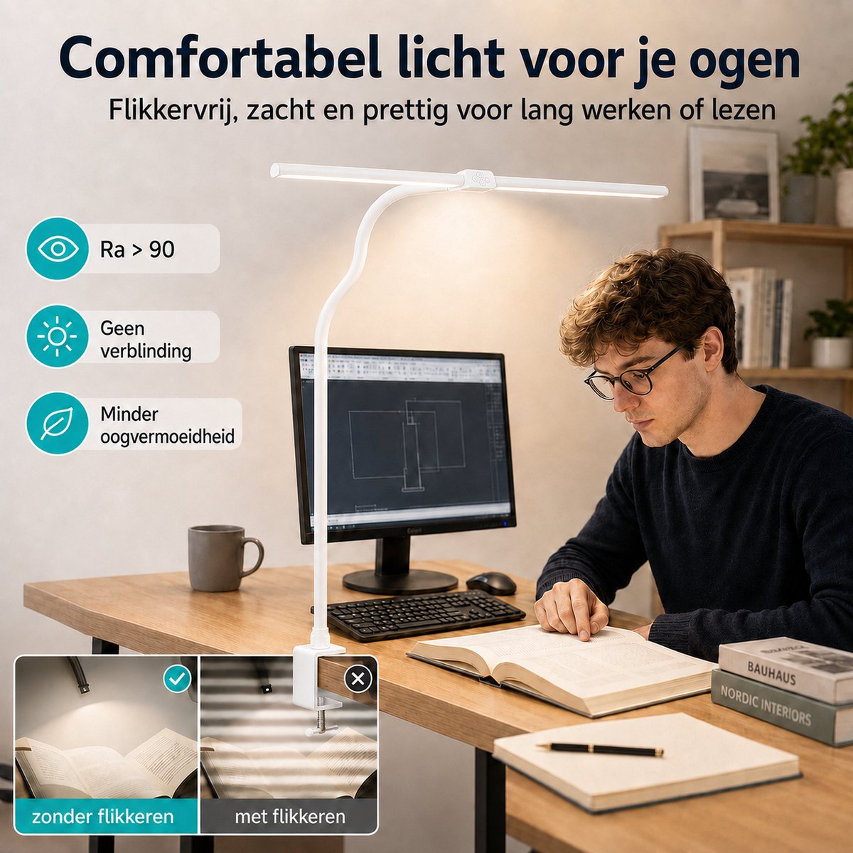 Lapamax Bureaulamp LED Dimbaar met Klem Ø80 cm-Werklamp met Dubbele Lichtkop 180° Verstelbaar thumbnail 5