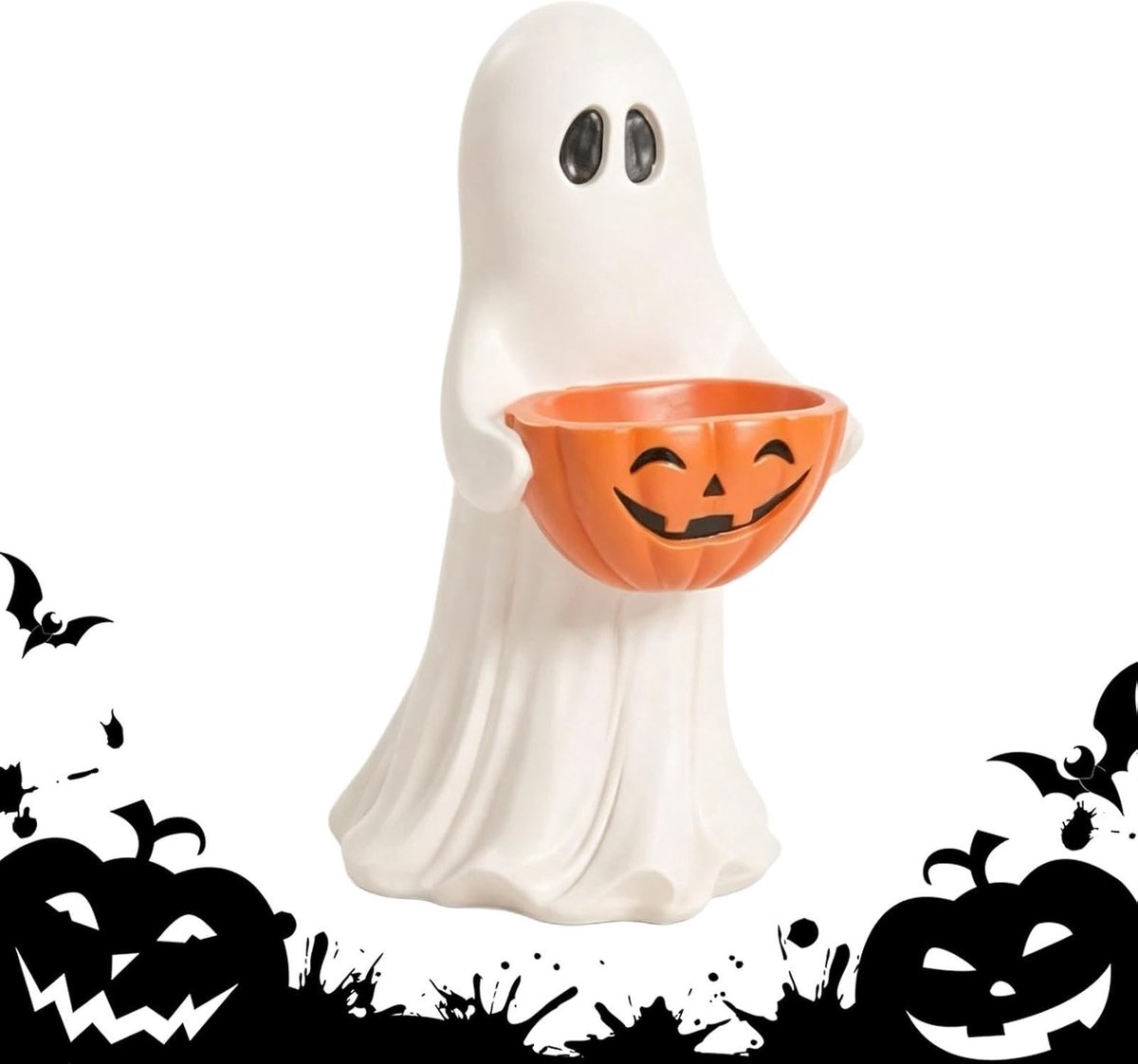 Halloween snoepkom van hars, spookfiguur met pompoen, decoratieve snoepschaal voor binnen en buiten, hoogte 30 cm, voor schoorsteenmantel, tafel, plank en entree, herfst decoratie voor Halloween-feest