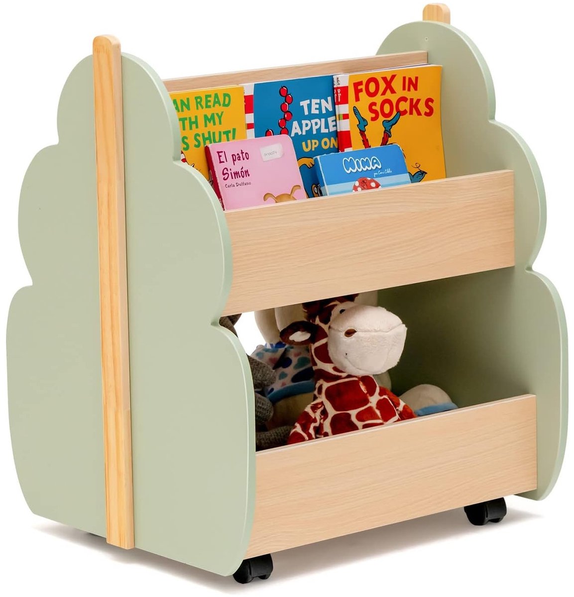 KOMFOTTEU Kinderboekenkast met wielen - houten staandrek - groene haken en boomvormig uiterlijk - 2-traps speelgoedrek voor speelkamer - kinderkamer en kleuterschool