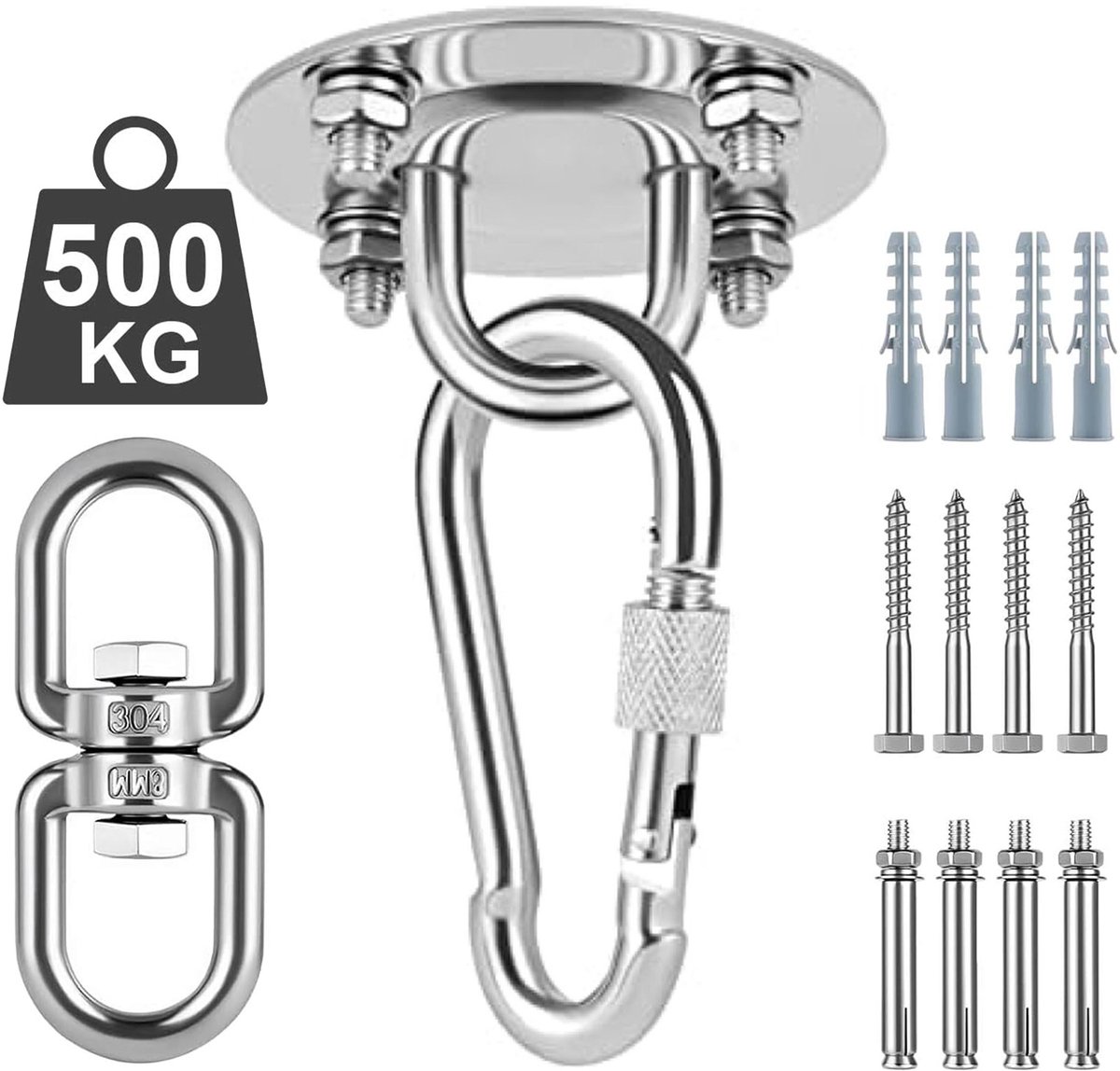 Plafondhaak Wandhaak Zilver - Ophangen bokszak schommel en hangstoel - 360° Draaibaar - Ophangsysteem - Ophanghaak - Plafondbeugel - RVS – 500kg tilgewicht