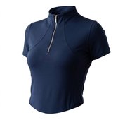 Marineblauw Ruitershirt Dames Korte Mouwen Staande Kraag Halve Rits Slim Fit Effen Rekbare Rijshirt Lente Zomer Sport Top S