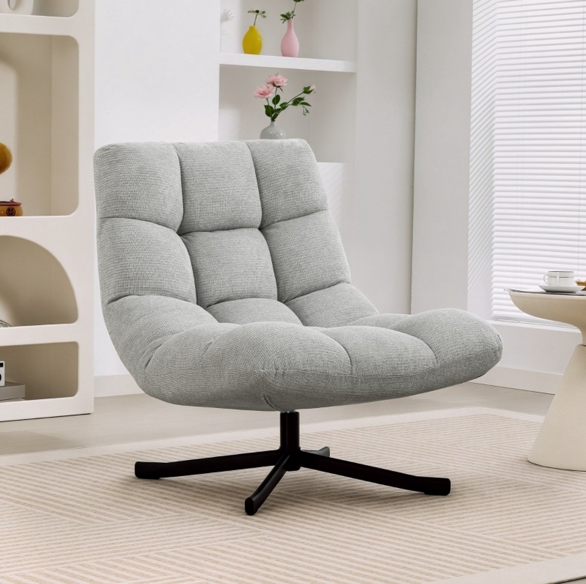 REDOM - Fauteuil - 360° draaibaar - zonder armleuningen - gewatteerde zitting - chenille bekleding - metalen onderstel - Lichtgrijs - 95 x 75 x 90 cm