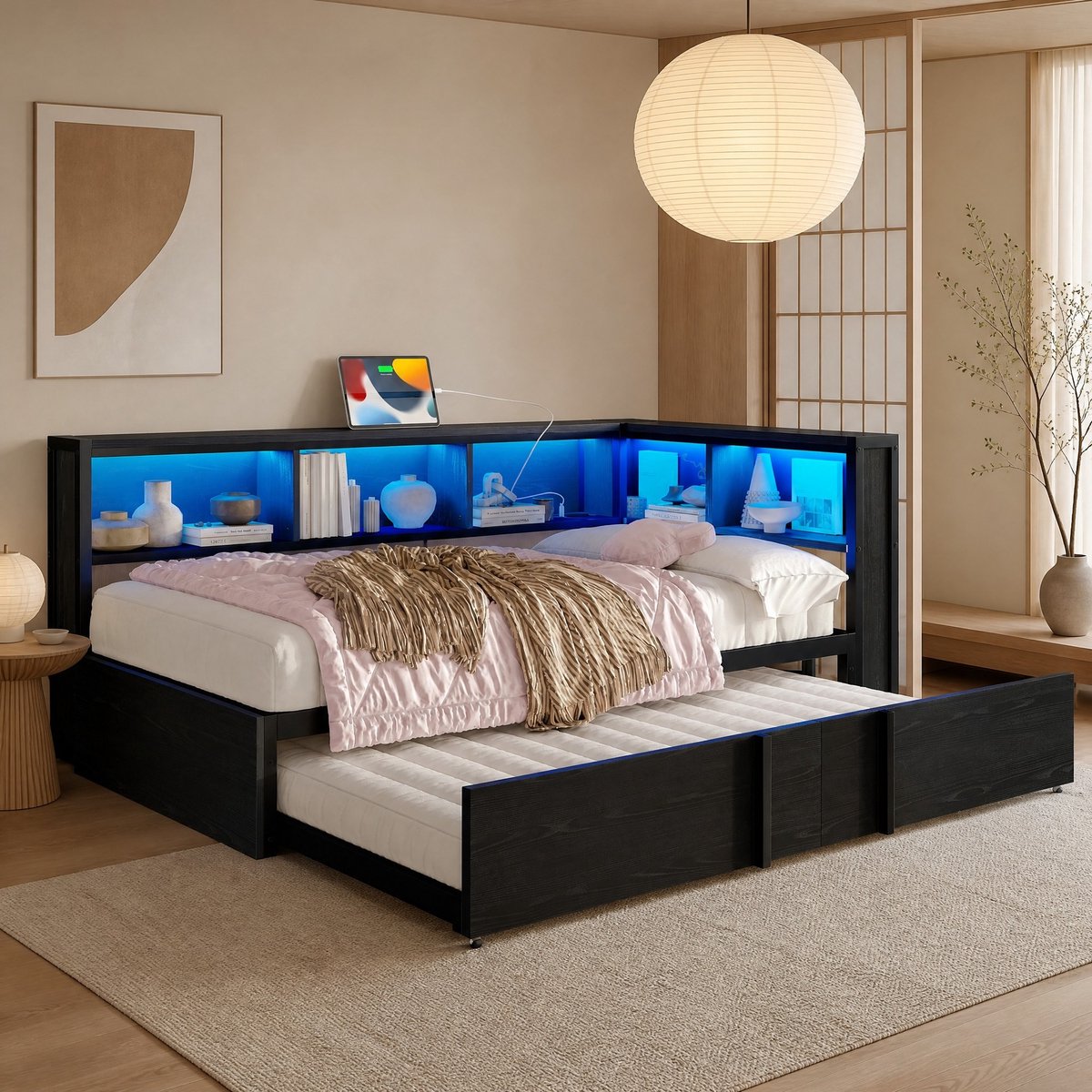 REDOM- Bedbank met uitschuifbed - Met opbergruimte en LED-verlichting - Met USB-aansluitingen - Modern - Slaapkamer - Metaal en MDF - Zwart - 220,7 x 110,5 x 85 cm