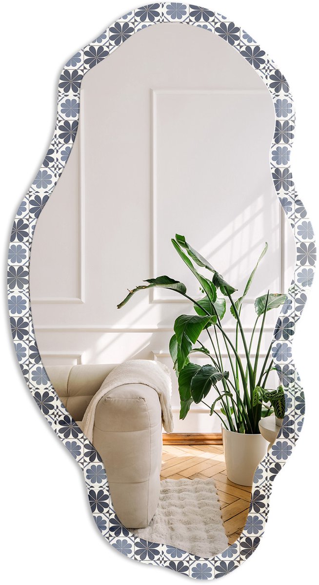Coloray Geometrisch Ornament Spiegel - Blauw Strakke Rechthoekige Spiegel - Organische Spiegel - Badkamer, Hal, Keuken - Geometrisch - 45x90 cm - Totale afmeting 52x97 cm