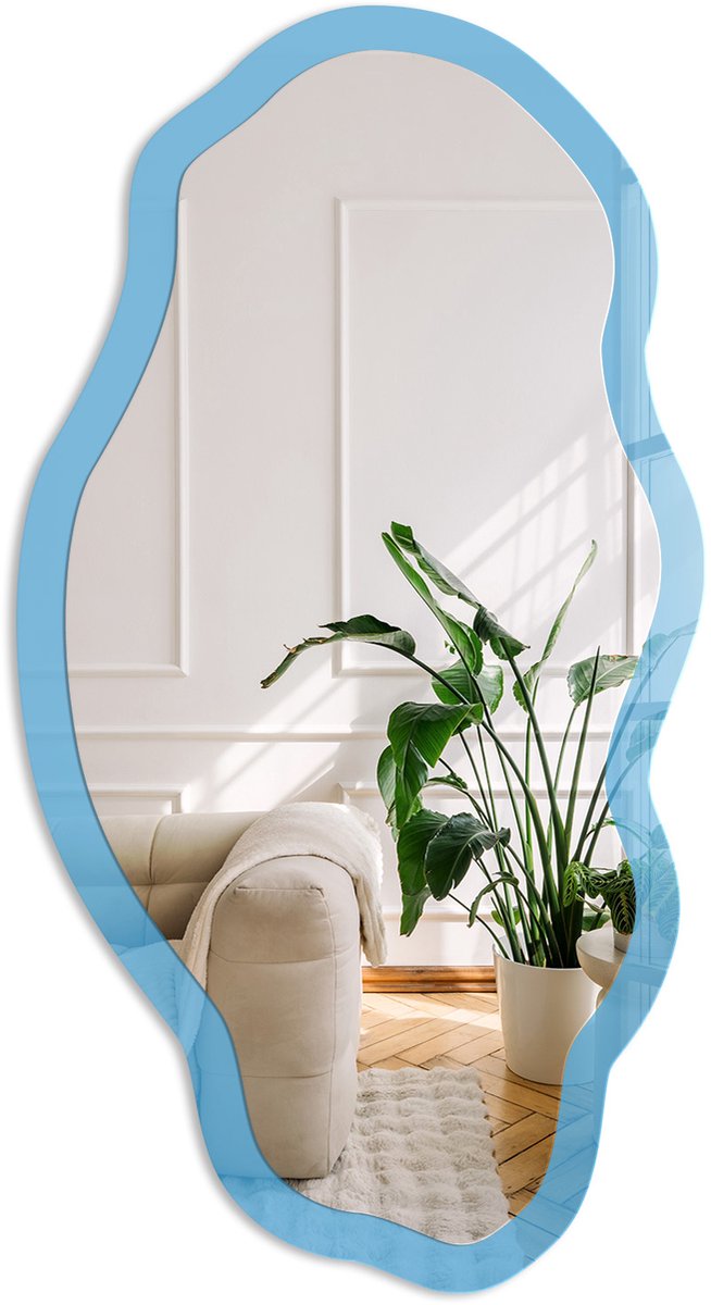 Coloray Blauw Water Spiegel - Blauw Rechthoekige Spiegel Met Modern Design - Organische Spiegel - Kantoor, Slaapkamer, Woonkamer - Minimalistisch - 45x90 cm - Totale afmeting 52x97 cm Waterblauw, Blauw