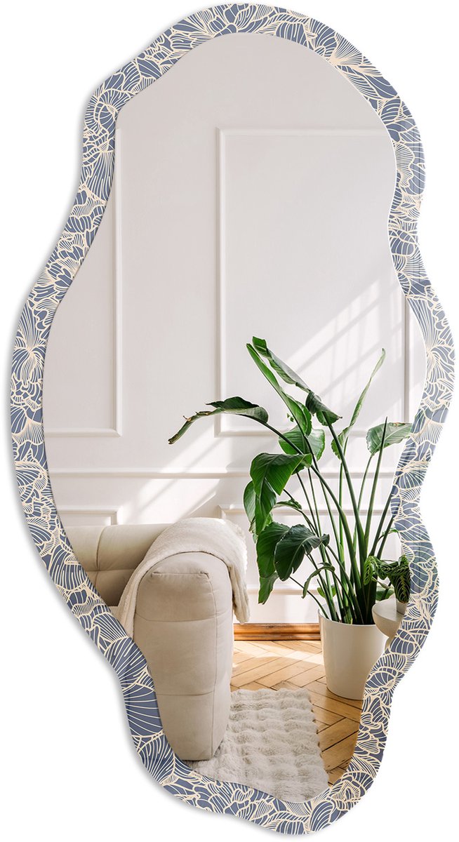 Coloray Bloemenornament Spiegel - Blauw Moderne Rechthoekige Wandspiegel - Organische Spiegel - Slaapkamer, Woonkamer, Kantoor - Modern - 45x90 cm - Totale afmeting 52x97 cm