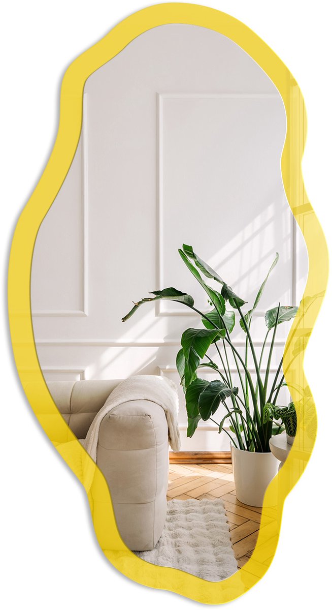 Coloray Intens Geel Spiegel - Geel Rechthoekige Spiegel Voor Interieur - Organische Spiegel - Woonkamer, Kantoor, Keuken - Minimalistisch - 45x90 cm - Totale afmeting 52x97 cm