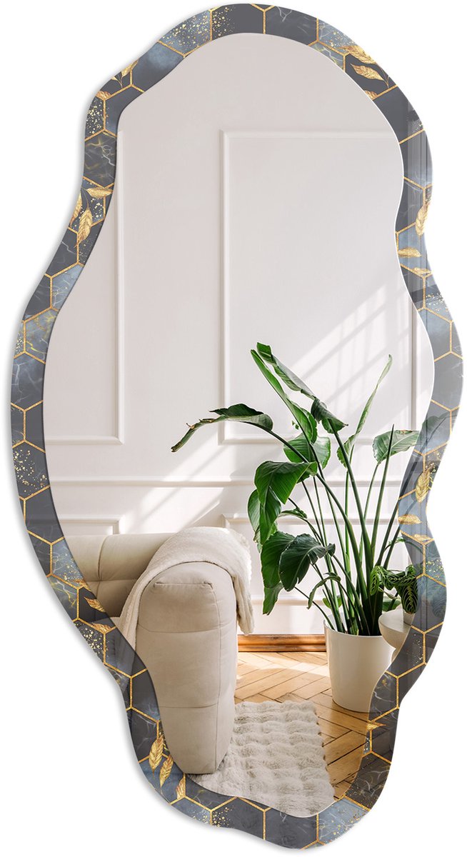 Coloray Geometrisch Patroon Spiegel - Marine Stijlvolle Wandspiegel - Organische Spiegel - Woonkamer, Badkamer, Kantoor - Geometrisch - 45x90 cm - Totale afmeting 52x97 cm