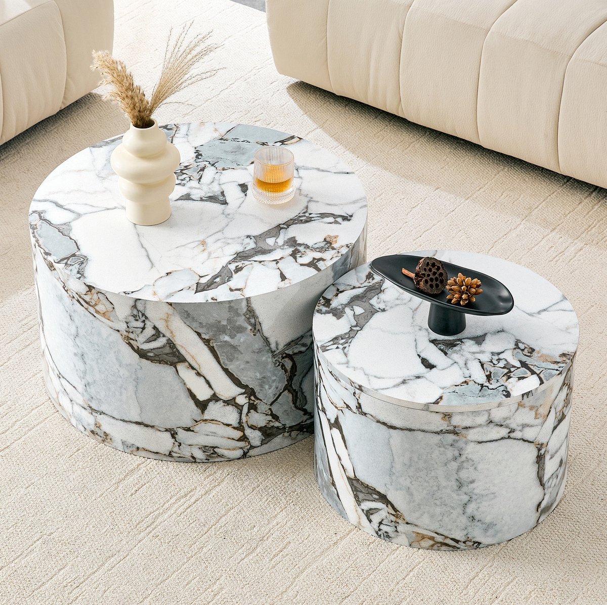 Salontafel Set Van 2 - Ronde Nesting Tafels Met Opbergruimte En Afneembaar Deksel - Modern Voor Woonkamer - MDF - Wit - 62,8 En 44 Cm