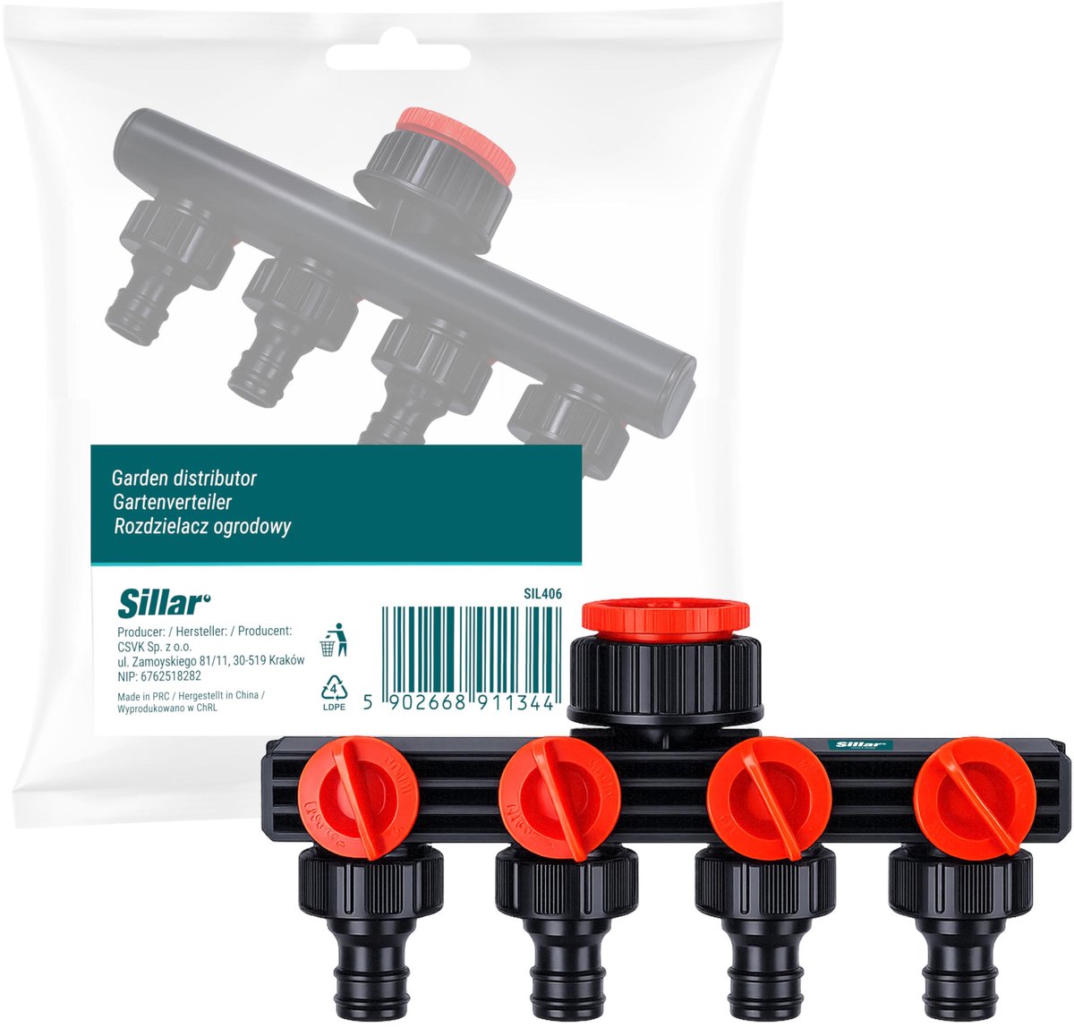 Sillar Waterverdeler - tuinverdeler voor 1" of 3/4" tap - 4 uitgangen - met nipples - voor staandard snelkoppelingen